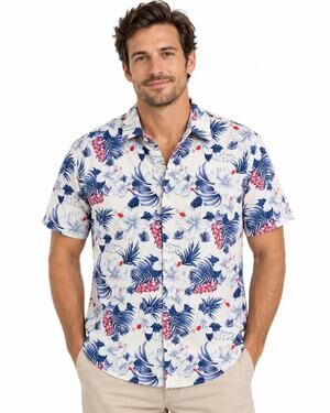 Steele Men’s XL Tropical Floral Shirt White Blue Red Cotton Jersey 46" Chest